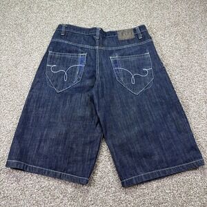 Y2k Darkwash Corked Jean Shorts Embroidered Hiphop Style 34/15 Essentials